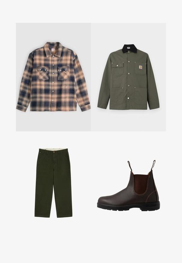 Veste en toile verte avec col noir, quatre poches avant, fermeture par boutons-pression, et un petit écusson logo Carhartt sur la poche poitrine.; Veste-chemise à manches longues à carreaux beige et bleu foncé avec deux poches à rabat à l'avant et des boutons-pression blancs au centre.; Pantalon droit vert foncé avec poches plaquées à l'avant et passants de ceinture, présenté à plat sur fond blanc.; Botte Chelsea en cuir marron avec panneau latéral élastique, coutures marron, languettes de tirage, et une semelle en caoutchouc durable avec un motif texturé.