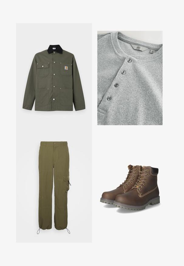 Grøn lærredsjakke med sort krave, fire forlommer, lukning med trykknapper og et lille Carhartt-logo på brystlommen.; Grå strikket langærmet skjorte med rund halsudskæring, fem knaplukninger, ribbet tekstur og slank pasform. Etiketten angiver størrelse M.; Olivenfarvede cargo-bukser lavet af letvægtsstof. Funktioner inkluderer knaplukning, sidelommer og justerbare manchetter med snore.; Brune læder ankelstøvler med snørebånd, polstret krave, kontrasterende syninger og slidstærk gummisål med skridsikre mønstre.