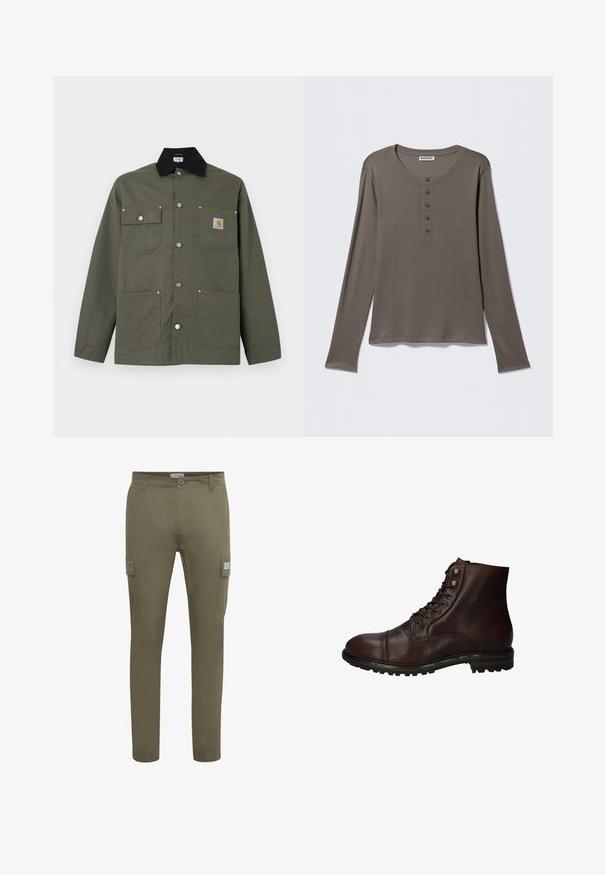 Grøn lærredsjakke med sort krave, fire forlommer, lukning med trykknapper og et lille Carhartt-logo på brystlommen.; Grå henley-shirt med lange ærmer, fem knapper og rund halsudskæring, vist på en ensartet hvid baggrund.; Olivenfarvede cargo bukser lavet af letvægtsstof, med lige pasform, sidelommer og elastiske manchetter ved anklerne.; Mørkebrun læder snørebånd ankelstøvle med robuste gummisål og metaløjer, set fra den ydre side.