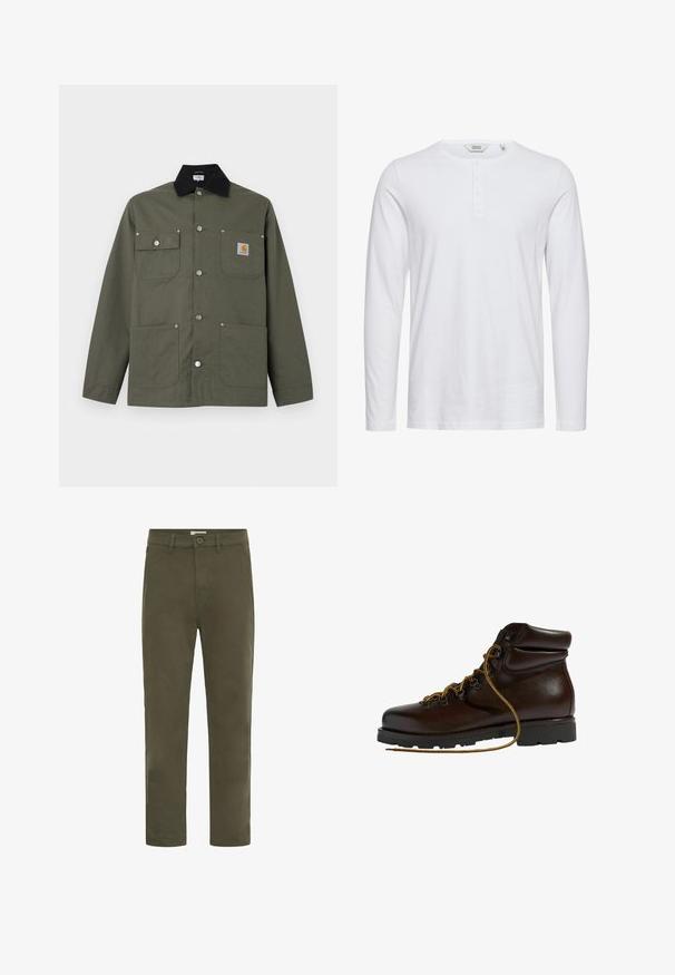 Chaqueta de lona verde con cuello negro, cuatro bolsillos delanteros, cierre con botones de presión y un pequeño parche con el logo de Carhartt en el bolsillo del pecho.; Camisa de algodón blanca de manga larga con cuello redondo, tapeta de cinco botones y una textura suave. Diseño simple y clásico.; Pantalones informales rectos de color verde oliva para hombre, con cierre de botón y trabillas para cinturón, diseñados para el uso diario.; Botas de senderismo de cuero marrón con punta redondeada, superficie texturizada, cordones amarillos y ojales de metal. Cuentan con una suela de goma negra resistente.