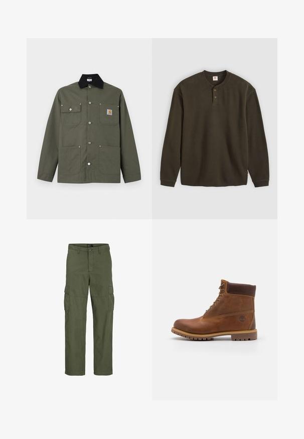 Veste en toile verte avec col noir, quatre poches avant, fermeture par boutons-pression, et un petit écusson logo Carhartt sur la poche poitrine.; Chemise henley à manches longues en maille gaufrée vert foncé avec deux boutons et poignets côtelés, étendue à plat sur un fond clair.; Pantalons cargo vert olive en mélange de coton, avec plusieurs poches latérales, des jambes droites, une fermeture éclair et un design de ceinture classique.; Botte de randonnée en cuir marron avec une finition lisse, cheville rembourrée, œillets en métal et semelle en caoutchouc dotée d'un motif de crampons robuste.