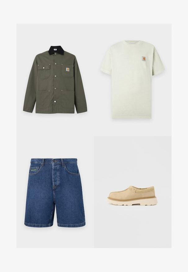 Zelená plátenná bunda s čiernym golierom, štyrmi prednými vreckami, zapínaním na pracku a malou nášivkou s logom Carhartt na hrudnom vrecku.; Svetlozelené bavlnené tričko s krátkymi rukávmi, okrúhlym výstrihom a malou štvorcovou nášivkou s logom na ľavej hrudi. Mäkka textúra.; Tmavomodré denim šortky s klasickým strihom, obsahujúce predné vrecká, pútka na opasok a viditeľnú značku na ľavom vrecku.; Béžová semišová nazúvacia obuv s hrubou bielou podrážkou a logom UGG na bočnej záložke, zobrazená na jednoduchom svetlosivom pozadí.
