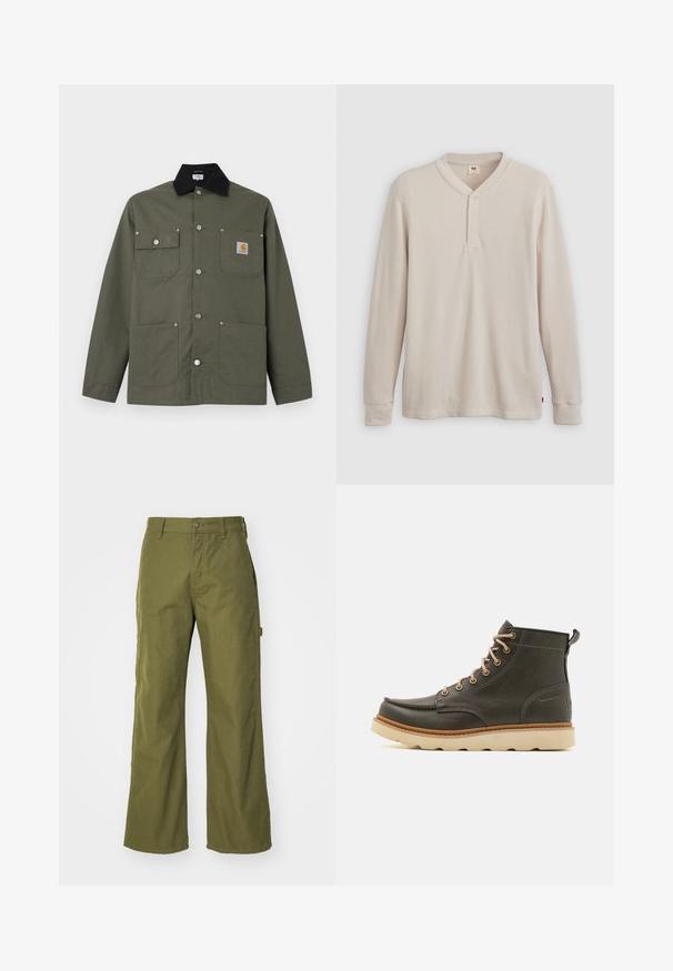 Grøn lærredsjakke med sort krave, fire forlommer, lukning med trykknapper og et lille Carhartt-logo på brystlommen.; Langærmet henley-skjorte i lys beige ribbet stof, med V-hals, tre-knap placket og manchetter ved ærmerne. Rød logo-tags ved kanten.; Oliven grønne bukser med bred ben, lavet af slidstærkt stof, med knaplukning, sidelommer og lige kantdesign.; Mørkegrønne læder ankelstøvler med beige snørebånd, polstret krave og tekstureret gummisål. Har vandtætte markeringer og syninger.