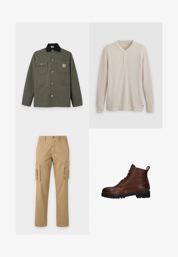 Grøn lærredsjakke med sort krave, fire forlommer, lukning med trykknapper og et lille Carhartt-logo på brystlommen.; Langærmet henley-skjorte i lys beige ribbet stof, med V-hals, tre-knap placket og manchetter ved ærmerne. Rød logo-tags ved kanten.; Beige cargobukser med to sidelommer, knaplukning, lige ben og et blødt, tekstureret stof.; Brune læder ankelstøvle med en struktureret overflade, seks snørrehuller, en sort gummisål og en løkke for nem påtagning.