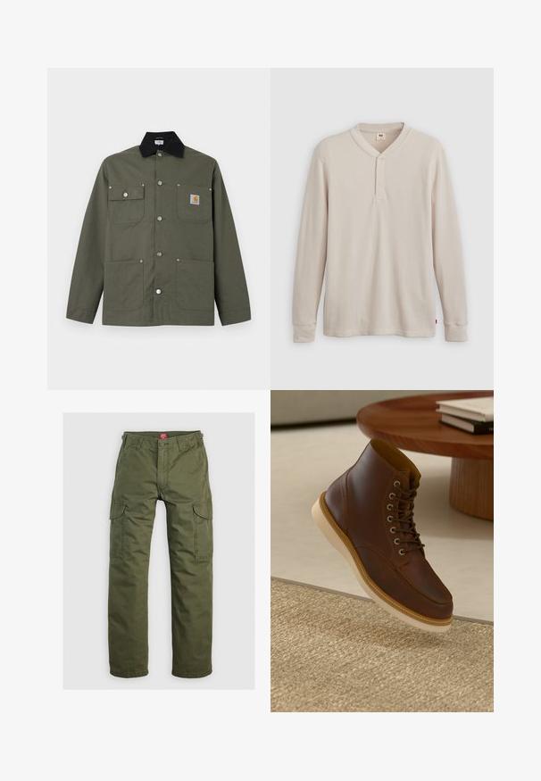 Grøn lærredsjakke med sort krave, fire forlommer, lukning med trykknapper og et lille Carhartt-logo på brystlommen.; Langærmet henley-skjorte i lys beige ribbet stof, med V-hals, tre-knap placket og manchetter ved ærmerne. Rød logo-tags ved kanten.; Olivengrønne cargo bukser lavet af slidstærkt stof, med sidelommer, knaplukning og lige ben design.; Brune læderankelstøvle med beige sål på et struktureret beige tæppe ved siden af et rundt træbord med stakke af bøger.