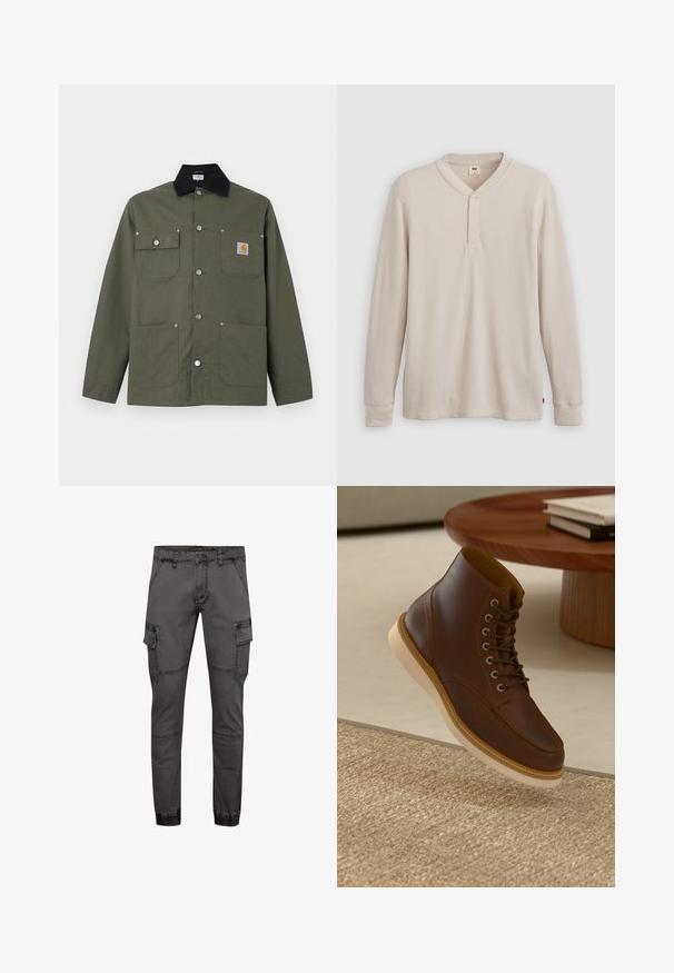 Veste en toile verte avec col noir, quatre poches avant, fermeture par boutons-pression, et un petit écusson logo Carhartt sur la poche poitrine.; T-shirt henley à manches longues en tissu côtelé beige clair, avec un col en V, une patte de boutonnage à trois boutons et des manches à poignets. Étiquette logo rouge à l'ourlet.; Pantalons cargo gris au design ajusté, fabriqués en denim, avec des poches latérales, des coutures texturées et des ourlets élastiqués pour un ajustement confortable.; Bottine en cuir marron avec semelle beige sur un tapis beige texturé à côté d'une table ronde en bois avec des livres empilés.