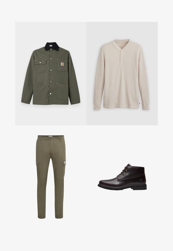 Chaqueta de lona verde con cuello negro, cuatro bolsillos delanteros, cierre con botones de presión y un pequeño parche con el logo de Carhartt en el bolsillo del pecho.; Camisa tipo henley de manga larga en tejido acanalado color beige claro, con escote en V,tapeta de tres botones, y mangas con puños. Etiqueta de logo roja en el dobladillo.; Pantalones cargo verde oliva fabricados con un tejido ligero, con un corte recto, bolsillos laterales y puños elásticos en los tobillos.; Botín de cuero marrón oscuro con cordones, suela negra y logo sutil de la marca en el lateral, mostrado de perfil sobre un fondo blanco.