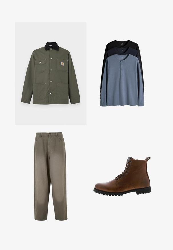Grøn lærredsjakke med sort krave, fire forlommer, lukning med trykknapper og et lille Carhartt-logo på brystlommen.; Tre langærmede henley-trøjer i grå, marineblå og sort, lagvis med knappelukninger ved halsen.; Lys grønne, vide bukser lavet af blødt stof. Har en knaplukning, forlommer og en glat overflate.; Brune læder ankelstøvler med tekstureret overflade, metaløjer og sort gummisål. Har en træktab bagpå for nem påtagning.