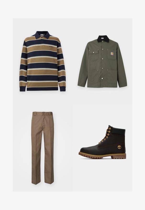 Zelená plátenná bunda s čiernym golierom, štyrmi prednými vreckami, zapínaním na pracku a malou nášivkou s logom Carhartt na hrudnom vrecku.; Polo s dlhými rukávmi v námorníckej modrej, pieskovej a bielej farbe s vertikálnymi pruhmi; má golier, tri gombíky na zapínanie a vyšívané logo na hrudi.; Hnedé nohavice s rovnou prednou časťou, priame nohy a klasický pás. Vyrobené z odolnej látky, bez viditeľných vzorov alebo ozdôb.; Čierne kožené členkové topánky so zlatými očkami, hnedými akcentmi a gumovou podrážkou. Majú polstrovaný golier a embosované logo na boku.