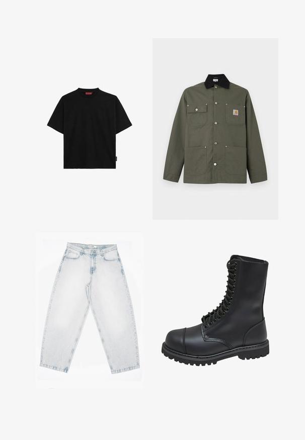 Veste en toile verte avec col noir, quatre poches avant, fermeture par boutons-pression, et un petit écusson logo Carhartt sur la poche poitrine.; T-shirt noir à manches courtes en coton, avec un col rond et une petite étiquette sur le côté. Texture lisse et coupe droite.; Jean en denim délavé clair avec une taille haute, des jambes droites et larges, une fermeture à boutons et zip, ainsi que des poches à l'avant et à l'arrière.; Botte de combat en cuir noir avec un haut tige, fermeture lacée à l'avant, col rembourré et semelle texturée robuste pour une meilleure adhérence. Dotée d'un capuchon de protection renforcé.