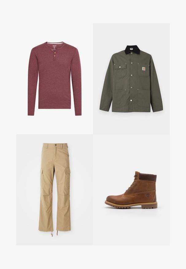 Chaqueta de lona verde con cuello negro, cuatro bolsillos delanteros, cierre con botones de presión y un pequeño parche con el logo de Carhartt en el bolsillo del pecho.; Camisa henley de manga larga en burdeos, hecha de una tela suave, con escote redondeado y tres botones de madera en la tapeta.; Pantalones cargo caqui hechos de un tejido duradero, con múltiples bolsillos laterales, un diseño de pierna recta y cuerdas ajustables en el dobladillo.; Botas de senderismo de cuero marrón con un acabado suave, tobillo acolchado, ojales de metal y suela de goma con un patrón de tracción robusto.