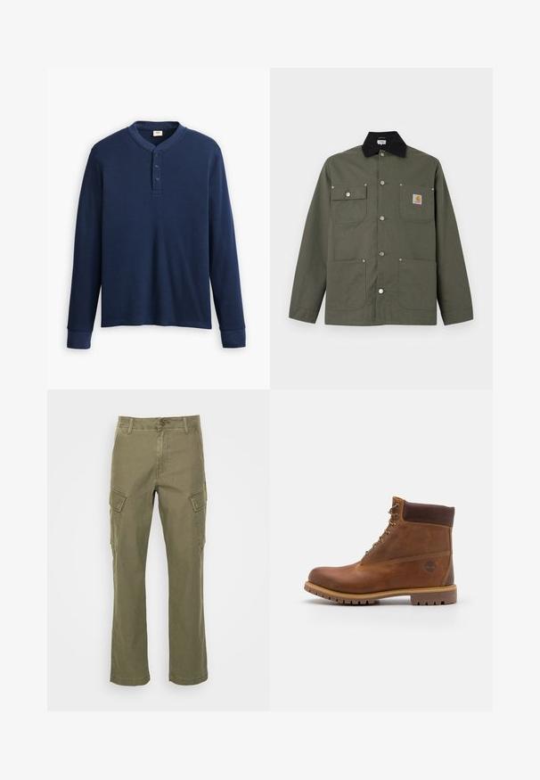 Grøn lærredsjakke med sort krave, fire forlommer, lukning med trykknapper og et lille Carhartt-logo på brystlommen.; Langærmet marineblå henley-skjorte lavet af ribbet stof. Har en rund halsudskæring og tre knaplukning. Ærmerne er tætsiddende.; Olivengrøn cargo bukser lavet af bomuld. Funktioner inkluderer to sidelommer og et lige ben design. Glat tekstur med synlige sømme.; Brun læder vandrestøvle med en glat finish, polstret ankel, metalliske snørehuller og en gummisål med et robust dækmønster.