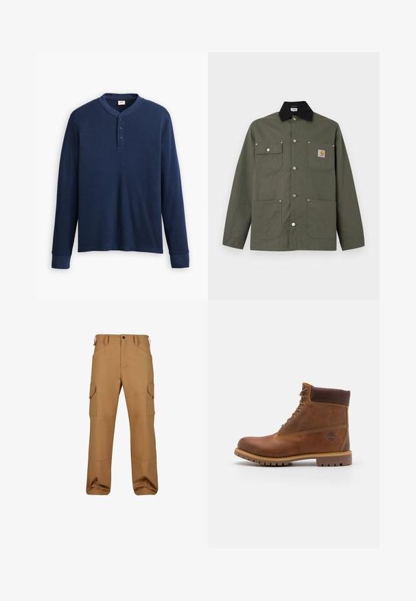 Chaqueta de lona verde con cuello negro, cuatro bolsillos delanteros, cierre con botones de presión y un pequeño parche con el logo de Carhartt en el bolsillo del pecho.; Camisa henley de manga larga en color azul marino hecha de tela acanalada. Presenta un escote redondo y una tapeta de tres botones. Los puños son ajustados.; Pantalones cargo marrones fabricados con un tejido duradero, que cuentan con múltiples bolsillos, un corte relajado y detalles de costura reforzada.; Botas de senderismo de cuero marrón con un acabado suave, tobillo acolchado, ojales de metal y suela de goma con un patrón de tracción robusto.