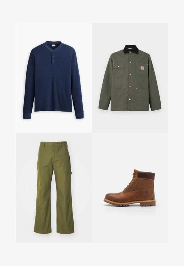 Chaqueta de lona verde con cuello negro, cuatro bolsillos delanteros, cierre con botones de presión y un pequeño parche con el logo de Carhartt en el bolsillo del pecho.; Camisa henley de manga larga en color azul marino hecha de tela acanalada. Presenta un escote redondo y una tapeta de tres botones. Los puños son ajustados.; Pantalones de pernera ancha en verde oliva, confeccionados con una tela resistente, que presentan un cierre de botón, bolsillos laterales y un diseño de dobladillo recto.; Botas de senderismo de cuero marrón con un acabado suave, tobillo acolchado, ojales de metal y suela de goma con un patrón de tracción robusto.