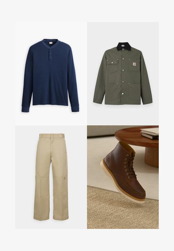 Grüne Canvasjacke mit schwarzem Kragen, vier Fronttaschen, Druckknopfverschluss und kleinem Carhartt-Logoaufnäher auf der Brusttasche.; Langärmliges navyblaues Henley-Shirt aus geripptem Stoff. Mit rundem Ausschnitt und einer Knopfleiste mit drei Knöpfen. Die Bündchen sind schmal geschnitten.; Beige, weit geschnittene Hosen aus robustem Stoff, mit hoher Taille, sichtbaren Nähten und einem kleinen Logopatch an der Seite.; Braune Leder-Ankle-Boots mit beiger Sohle auf einem strukturierten beigen Teppich neben einem runden Holztisch mit gestapelten Büchern.