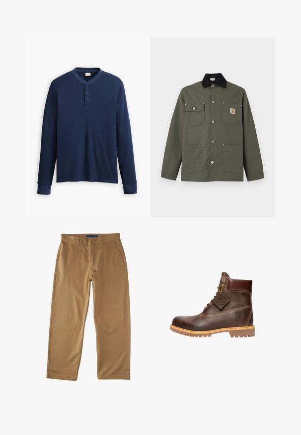 Grüne Canvasjacke mit schwarzem Kragen, vier Fronttaschen, Druckknopfverschluss und kleinem Carhartt-Logoaufnäher auf der Brusttasche.; Langärmliges navyblaues Henley-Shirt aus geripptem Stoff. Mit rundem Ausschnitt und einer Knopfleiste mit drei Knöpfen. Die Bündchen sind schmal geschnitten.; Beige Baumwollchinos mit geradem Schnitt, ausgestattet mit zwei Fronttaschen, einer Gesäßtasche und einem Knopfverschluss. Angenehme, glatte Textur.; Braune Leder-Ankelstiefel mit runder Zehenpartie, robuster Sohle, goldfarbener Hardware und strukturiertem Obermaterial. Enthält ein angehängtes Logo-Tag.