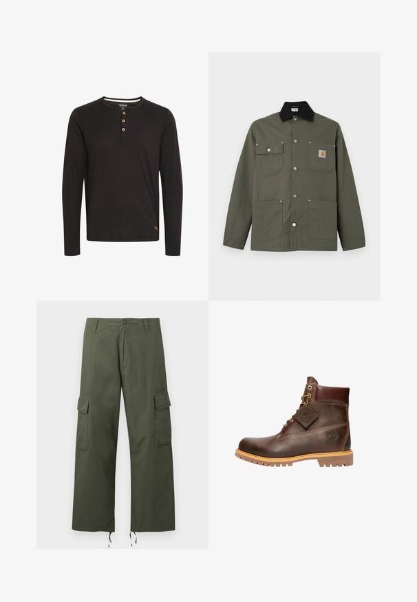 Chaqueta de lona verde con cuello negro, cuatro bolsillos delanteros, cierre con botones de presión y un pequeño parche con el logo de Carhartt en el bolsillo del pecho.; Camisa de manga larga negra hecha de una tela suave, con un cuello redondo, tapeta de botones con botones de madera y una pequeña etiqueta de logo en el dobladillo.; Pantalones cargo verde oliva con bolsillos laterales con solapa, cierre de botones, trabillas para cinturón y cordones ajustables en los bajos de pierna anchos.; Botín de cuero marrón hasta el tobillo con punta redonda, suela resistente, herrajes en tono dorado y parte superior texturizada. Incluye una etiqueta con el logo adjunta.