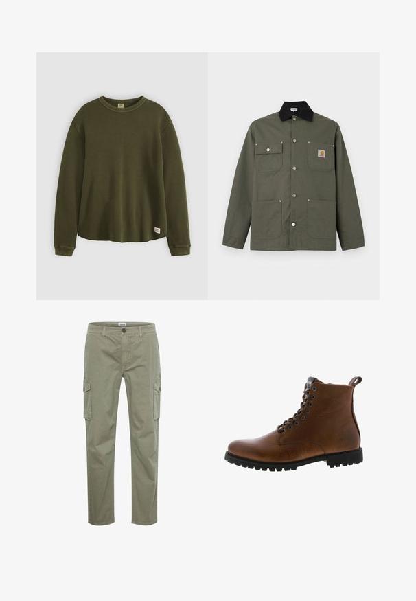 Grøn lærredsjakke med sort krave, fire forlommer, lukning med trykknapper og et lille Carhartt-logo på brystlommen.; Oliven grøn langærmet sweater i et tekstureret, ribbet materiale med rund hals, afslappet pasform og et lille mærke nederst på kanten.; Grønne cargo bukser lavet af bomuldsblanding, med sidelommer, lynlås i front og syede detaljer. Glat tekstur og tætsiddende pasform.; Brune læder ankelstøvler med tekstureret overflade, metaløjer og sort gummisål. Har en træktab bagpå for nem påtagning.