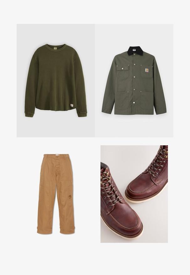 Groene canvas jas met zwarte kraag, vier zakken aan de voorkant, drukknopen als sluiting en een klein Carhartt-logo op de borstzak.; Olijfgroen trui met lange mouwen in een gestructureerd, ribbelmateriaal, met een ronde hals, een ontspannen pasvorm en een klein merklabel aan de onderzoom.; Khaki werkbroek, gemaakt van duurzaam materiaal, heeft meerdere zakken, een knoopsluiting en een geborduurd logo op de dij.; Bruine leren laarzen met een gladde afwerking, voorzien van metalen veteroogjes, grijze veters en een rubberen zool in crèmekleur. Stiksel detail langs de randen.