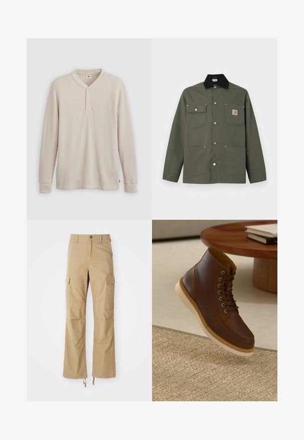 Grøn lærredsjakke med sort krave, fire forlommer, lukning med trykknapper og et lille Carhartt-logo på brystlommen.; Langærmet henley-skjorte i lys beige ribbet stof, med V-hals, tre-knap placket og manchetter ved ærmerne. Rød logo-tags ved kanten.; Khaki cargo bukser lavet af slidstærkt stof, der har flere sidelommer, en lige ben-design og justerbare snore i kanten.; Brune læderankelstøvle med beige sål på et struktureret beige tæppe ved siden af et rundt træbord med stakke af bøger.
