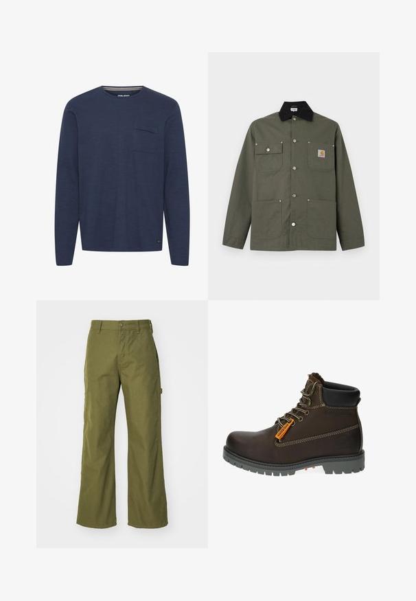 Grøn lærredsjakke med sort krave, fire forlommer, lukning med trykknapper og et lille Carhartt-logo på brystlommen.; Mørkeblå langærmet skjorte lavet af struktureret stof, med en brystlomme og en rund halsudskæring med en diskret stribet detalje indeni kraven.; Oliven grønne bukser med bred ben, lavet af slidstærkt stof, med knaplukning, sidelommer og lige kantdesign.; Brun læder ankelstøvle med grå gummisål, orange accentmærke og metaløjer. Har kontraststikning og polstret krave.