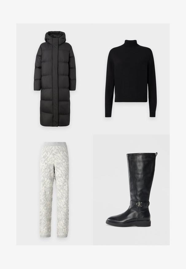 Lang sort dunfrakke med stor hætte, horisontal quiltning og skjult frontlukning, designet til at give varme og dække fuldt ud.; Sort turtleneck sweater med lange ærmer, ribbede manchetter og en tætsiddende kant. Blød tekstur, enkelt design og ensfarvet uden mønstre.; Strukturerede loungbukser i elfenben med grå mønstre, der har et blødt stof, elastisk talje og ribbede manchetter.; Sorte læder knæhøje støvler med lav hæl, rund tå og metallisk "CK" logo spænde om anklen.
