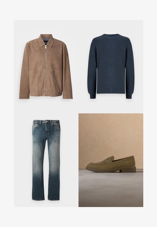 Brun ruskindsjakke med krave, lynlås foran og lange ærmer. Stoffet har en glat tekstur og få syninger.; Mørkeblå strikket sweater med rund hals, lange ærmer og ribkanter ved manchetter og kant på ensfarvet baggrund.; Herre lige pasform blå denim jeans med falmet vask og fem-lomme design mod en hvid baggrund.; Brun mokkalærreds loafersko svæver over et tekstureret beige tæppe i en stue med et træ sofabord og stabler af bøger.