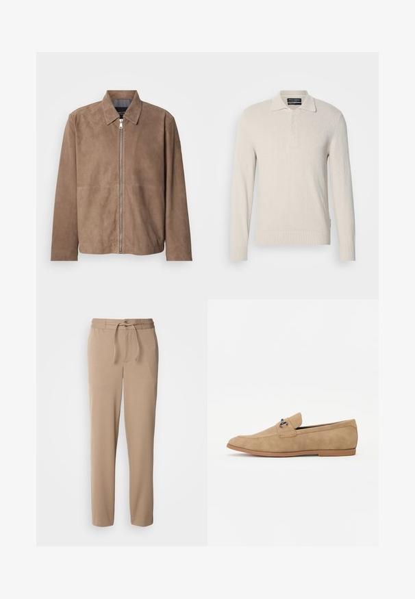 Veste en daim marron avec col, fermeture zippée à l'avant et manches longues. Le tissu a une texture lisse et présente peu de coutures.; Pull col polo à manches longues beige clair en tricot doux avec une finition texturée, doté d'un col classique et d'une patte de boutonnage à trois boutons.; Pantalons de survêtement beige en coton doux, avec une taille élastique, un cordon de serrage, une coupe slim et des jambes droites sans motifs.; Pier One by Zalando Mocassins - beige
