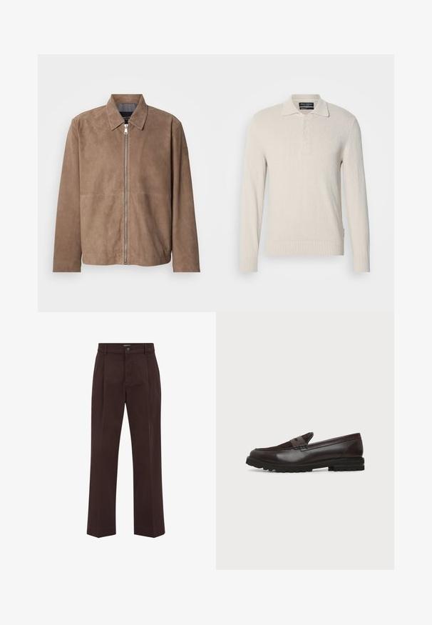 Veste en daim marron avec col, fermeture zippée à l'avant et manches longues. Le tissu a une texture lisse et présente peu de coutures.; Pull col polo à manches longues beige clair en tricot doux avec une finition texturée, doté d'un col classique et d'une patte de boutonnage à trois boutons.; Pantalon droit de couleur brun foncé avec plis avant, poches latérales, passants pour ceinture, fermeture par bouton et braguette zippée.; Mocassin penny en cuir et daim marron foncé avec semelle épaisse en caoutchouc noir, profil latéral sur fond blanc.