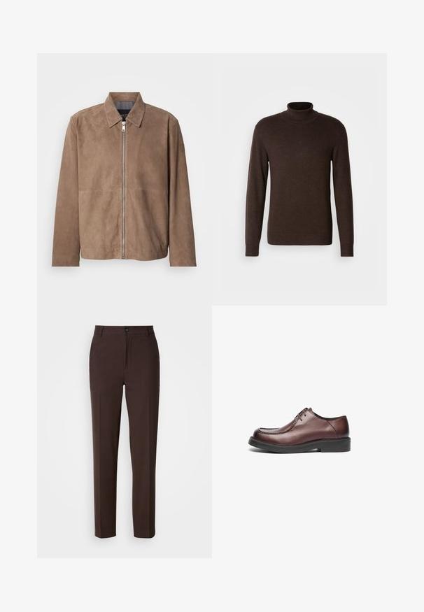 Brun ruskindsjakke med krave, lynlås foran og lange ærmer. Stoffet har en glat tekstur og få syninger.; Brun turtleneck sweater lavet af blødt materiale, med lange ærmer og ribbet krave. Glat tekstur med en tætsiddende design.; Brune bukser med lige ben, der har en enkelt forskydning foran, en knaplukning og en glat stofoverflade.; Brune læderdressko med rund tå, synlige stichinger og en lav sort gummisål; snøre-design. Glat tekstur over hele skoen.