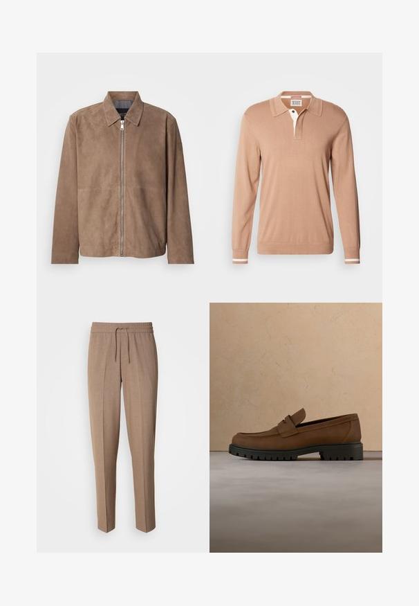 Hnedá semišová bunda s golierom, predným zipsom a dlhými rukávmi. Materiál má hladkú textúru a má minimálne švy.; Scotch & Soda LONG SLEEVE POLO - Svetrík - tannin; Hnedé, tkané nohavice s uvoľneným strihom, s nastaviteľným pásom a prednými skladmi. Priame nohy a bez viditeľných vreciek či kovania.; Tmavohnedý kožený mokasín s hrubou čiernou gumovou podrážkou zobrazený nad béžovým koberecom a pozadím sedačky.