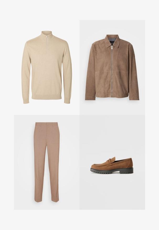 Chaqueta de ante marrón con cuello, cremallera frontal y mangas largas. La tela tiene una textura suave y presenta costuras mínimas.; Jersey beige de manga larga con un cuello alto y una cremallera corta en el centro delantero.; Pantalones beige a medida en una tela lisa y con textura. Corte recto con cintura y sin adornos ni bolsillos visibles.; Mocasines de ante marrón con punta redondeada y una suela de goma negra baja, que presentan una correa decorativa y detalles de costura en la parte superior.