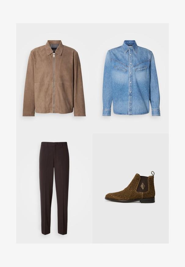 Brun ruskindsjakke med krave, lynlås foran og lange ærmer. Stoffet har en glat tekstur og få syninger.; LYSEBLÅ DENIMSKJORTE MED LANGE ÆRMER, SPIDSE KRAVE, TO BRYSTLOMMER OG KNAPLUKNING FORAN. HAR HVITE KNAPPER OG KONTRASTSYMNING.; Sorte skræddersyede bukser med lige ben, der har en glat tekstur og en linning med en enkelt knaplukning.; Brun vævet ankelstøvle med spids tå, elastiske sidepaneler og en løkke i bagenden. Har en diamantaccent på ydersiden.