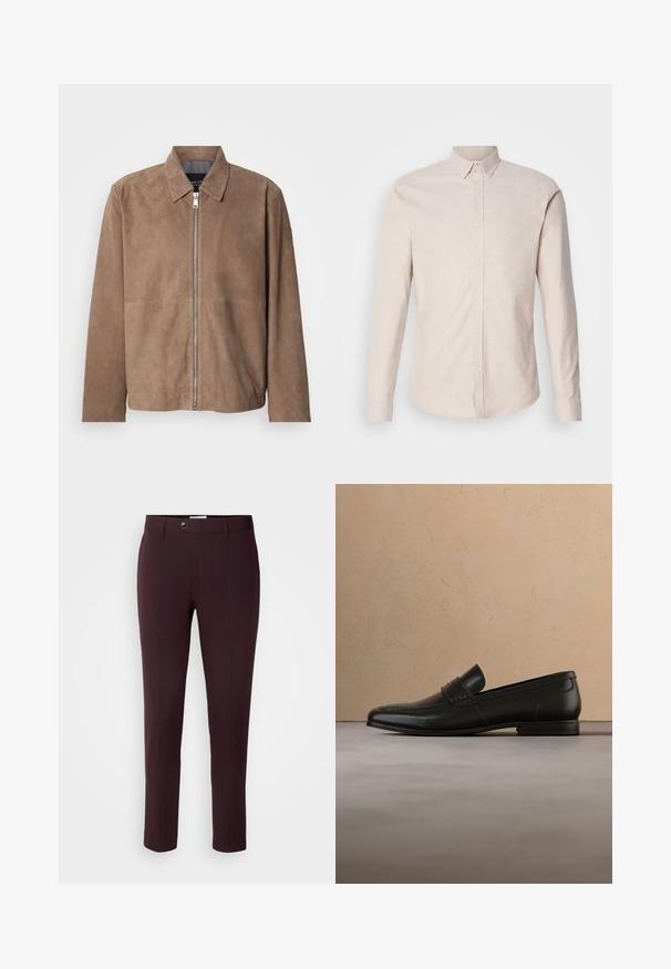 Brun ruskindsjakke med krave, lynlås foran og lange ærmer. Stoffet har en glat tekstur og få syninger.; Lys beige langærmet skjorte med knapkrave, lavet af et tekstureret stof, med en knaplukning foran og ingen synlige mønstre.; Mørkeburgunder bukser med slim fit, der har knaplukning, bæltestropper og frontfolder. Glat stof med et glat design.; Sort læderloafer vist i luften over en beige tæppe med en beige sofa i baggrunden.