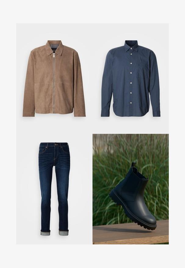 Veste en daim marron avec col, fermeture zippée à l'avant et manches longues. Le tissu a une texture lisse et présente peu de coutures.; Chemise bleu marine à manches longues, à motif à petits carreaux, avec une poche poitrine unique et des boutons blancs sur fond uni.; Jean bleu foncé avec une coupe droite, zip, et ourlet retroussé. Fabriqué en denim avec un léger délavage et des détails de couture contrastants.; Bottine en cuir noir avec tirant et panneaux latéraux élastiques flottant au-dessus d'une surface en bois, herbe verte floue en arrière-plan.
