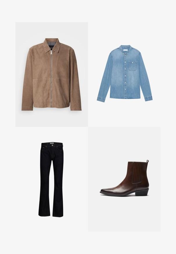 Brun ruskindsjakke med krave, lynlås foran og lange ærmer. Stoffet har en glat tekstur og få syninger.; Lys blå denim skjorte med knapper, lange ærmer, spids krave, en enkelt brystlomme og subtil falmning på stoffet.; Mørkeblå bukseskær med flared fit lavet af denim med en glat tekstur. Har fem lommer, messingbeslag og kontrastsygning.; Brun læder ankelstøvle med spids tå, elastiske sidepaneler, tekstureret detaljer på fronten og en lav stablet hæl.