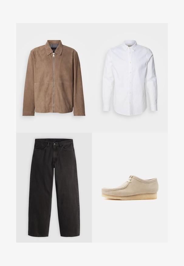 Veste en daim marron avec col, fermeture zippée à l'avant et manches longues. Le tissu a une texture lisse et présente peu de coutures.; Chemise blanche à manches longues en coton, dotée d'un col structuré, d'une broderie de logo discrète et de boutons beige clair.; Jean denim noir à coupe droite, cinq poches et passants pour ceinture, présenté à plat sur un fond clair uni.; Chaussure à lacets en daim beige avec semelle en crêpe, couture de style mocassin et conception basse à la cheville, isolée sur un fond clair.