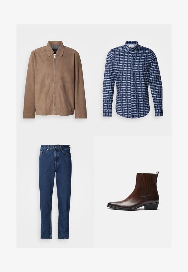 Veste en daim marron avec col, fermeture zippée à l'avant et manches longues. Le tissu a une texture lisse et présente peu de coutures.; Scotch & Soda SLIM FIT SHIRT - Chemise - faded denim; Jean bleu foncé en denim, avec une coupe droite, style cinq poches et des coutures apparentes le long des coutures.; Bottine en cuir marron avec un bout pointu, des panneaux latéraux élastiques, des détails texturés sur le devant et un petit talon empilé.