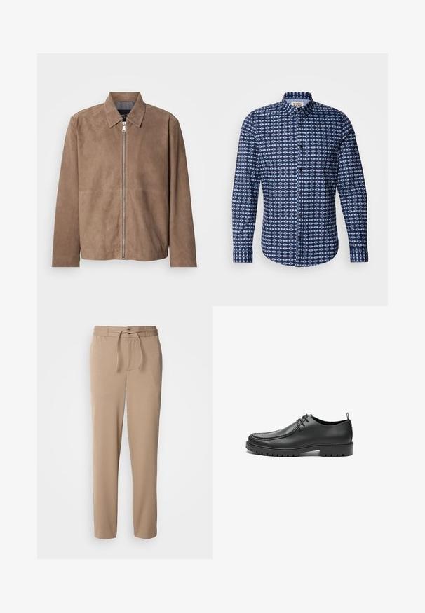 Chaqueta de ante marrón con cuello, cremallera frontal y mangas largas. La tela tiene una textura suave y presenta costuras mínimas.; Scotch & Soda SLIM FIT SHIRT - Camisa - faded denim; Pantalones de chándal beige hechos de algodón suave, con cintura elástica, cordón, corte ajustado y perneras rectas sin estampados.; Zapatos de cuero negro con un acabado suave, punta redondeada y costuras decorativas. Cuenta con una suela de goma con surcos para tracción y un diseño de cordones.