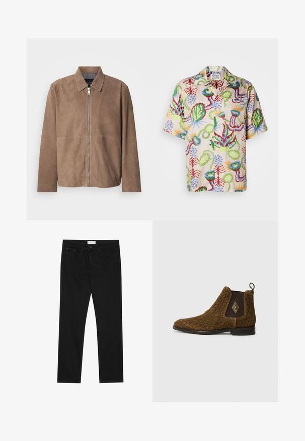 Veste en daim marron avec col, fermeture zippée à l'avant et manches longues. Le tissu a une texture lisse et présente peu de coutures.; Chemise à manches courtes avec une base beige ornée d'un motif floral vibrant en vert, rouge, bleu et jaune. Fabriquée en tissu léger.; Jean droit noir avec un design à cinq poches, fermeture à bouton et zip, et une étiquette de marque Pier One sur la taille.; Botte cheville tissée marron avec un bout pointu, des panneaux latéraux élastiques et une languette à l'arrière. Présente un accent en forme de diamant sur le côté externe.