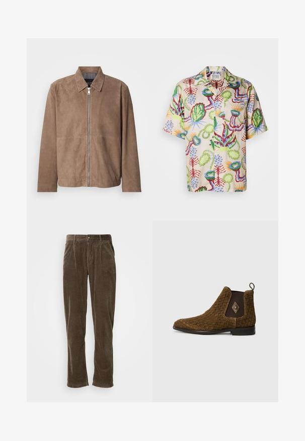 Brun ruskindsjakke med krave, lynlås foran og lange ærmer. Stoffet har en glat tekstur og få syninger.; Kortærmet skjorte med en beige bund og et levende blomstermønster i grøn, rød, blå og gul. Lavet af letvægtsstof.; Brune fløjlsbukser med lige ben, der har lodrette ribber, en knaplukning og to forsigtige folder for ekstra detalje.; Brun vævet ankelstøvle med spids tå, elastiske sidepaneler og en løkke i bagenden. Har en diamantaccent på ydersiden.