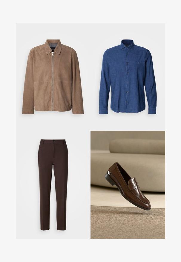 Bruine suède jas met een kraag, een rits aan de voorkant en lange mouwen. De stof heeft een gladde textuur en bevat minimale naden.; Blauw overhemd met lange mouwen van textiel met structuur, voorzien van een traditionele kraag, knoopsluiting aan de voorkant en subtiele logo borduursel op de borst.; Bruine broeken met een recht model, voorzien van een enkele zijplooien, een knoopsluiting en een gladde stoftextuur.; Bruine leren loafer met een gestructureerd patroon, zwevend boven een beige tapijt met een bijpassende beige bank op de achtergrond.