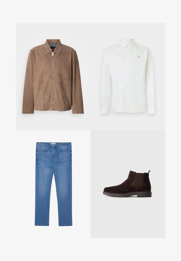 Bruine suède jas met een kraag, een rits aan de voorkant en lange mouwen. De stof heeft een gladde textuur en bevat minimale naden.; Witte lange-mouwen overhemd met knopen, gemaakt van katoen, met een button-down kraag en een klein oranje embleem op de borst.; Lichtblauwe spijkerbroek met een rechte pijp, vijf zakken, subtiele vervaging en metalen accenten op de taille en zakken.; Donkerbruine suède Chelsea-boot met elastische zijpanelen, een lus aan de achterkant en een lage rubberen zool.