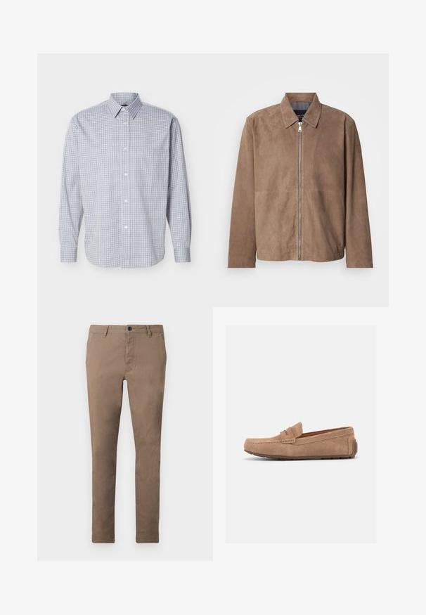 Veste en daim marron avec col, fermeture zippée à l'avant et manches longues. Le tissu a une texture lisse et présente peu de coutures.; Chemise à manches longues à carreaux gris clair et blanc avec col et une poche poitrine, présentée à plat sur fond blanc.; Pantalon marron ajusté pour homme avec fermeture à boutons et zip sur le devant, passants de ceinture et poches latérales, présenté à plat sur fond blanc.; Mocassin en daim brun clair avec semelle en caoutchouc, surpiqûres moc toe, et une bride à penny sur la tige, présenté de profil sur fond blanc.
