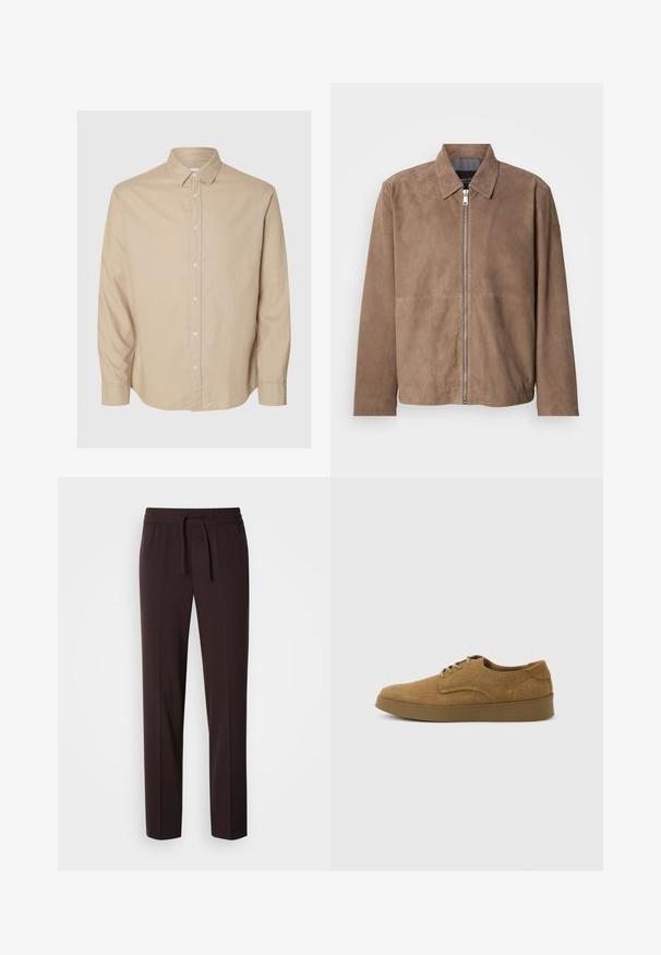 Brun ruskindsjakke med krave, lynlås foran og lange ærmer. Stoffet har en glat tekstur og få syninger.; Selected Flannel - Skjorter - pure cashmeredetail:mixed w. oatmeal; Brune, lette, smalle bukser med elastisk linning og snørre. Glat tekstur og minimalistisk design, velegnet til afslappet brug.; Brun ruskindslærredsko med snørebånd og flad gummisål, set fra siden på en ensfarvet lys baggrund.