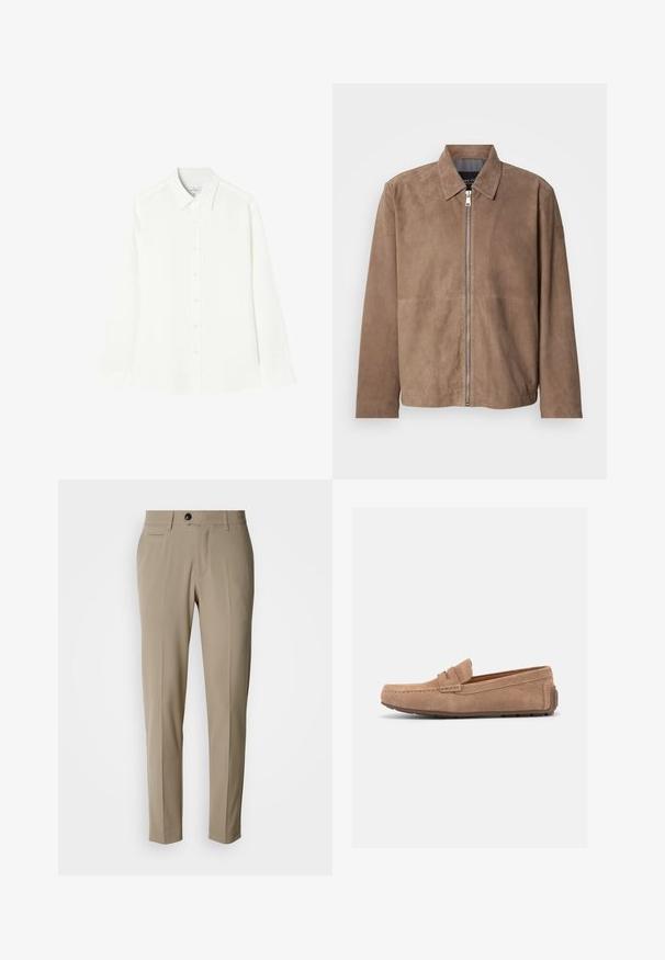 Veste en daim marron avec col, fermeture zippée à l'avant et manches longues. Le tissu a une texture lisse et présente peu de coutures.; Chemise blanche à manches longues en tissu lisse, avec une fermeture à boutons sur le devant, un col classique et un ourlet droit avec des côtés arrondis.; Pantalons beige sur mesure avec un devant plat, des poches latérales, des passants pour ceinture et une fermeture à un seul bouton noir. Texture de tissu lisse.; Mocassin en daim brun clair avec semelle en caoutchouc, surpiqûres moc toe, et une bride à penny sur la tige, présenté de profil sur fond blanc.