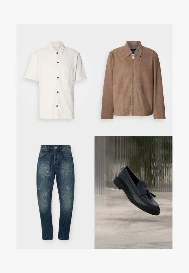 Veste en daim marron avec col, fermeture zippée à l'avant et manches longues. Le tissu a une texture lisse et présente peu de coutures.; Chemise blanche à manches courtes avec un design texturé, boutons avant marron foncé, et une seule poche poitrine.; Jean en denim bleu foncé avec motifs floraux et tourbillonnants délavés, style cinq poches, fermeture par bouton et coupe fuselée.; Mocassins en cuir noir avec une texture lisse, un bout arrondi et des pampilles décoratives à l'avant. Semelle en caoutchouc flexible avec un petit talon.