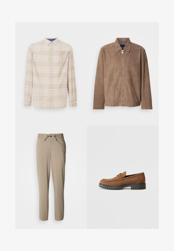 Brun ruskindsjakke med krave, lynlås foran og lange ærmer. Stoffet har en glat tekstur og få syninger.; Beige ternet langærmet skjorte med knap-detaljeret krave, frontknapper og subtile blå accenter ved halsudskæringen. Fremstillet af blødt stof.; Beige bukser lavet af et blødt stof, med snøre i taljen og en afslappet pasform, med lige ben og ingen synlige lommer.; Brune Suede loafers med en rund tå og en lav sort gummisål, der har et dekorativt bånd og syninger på overdelen.