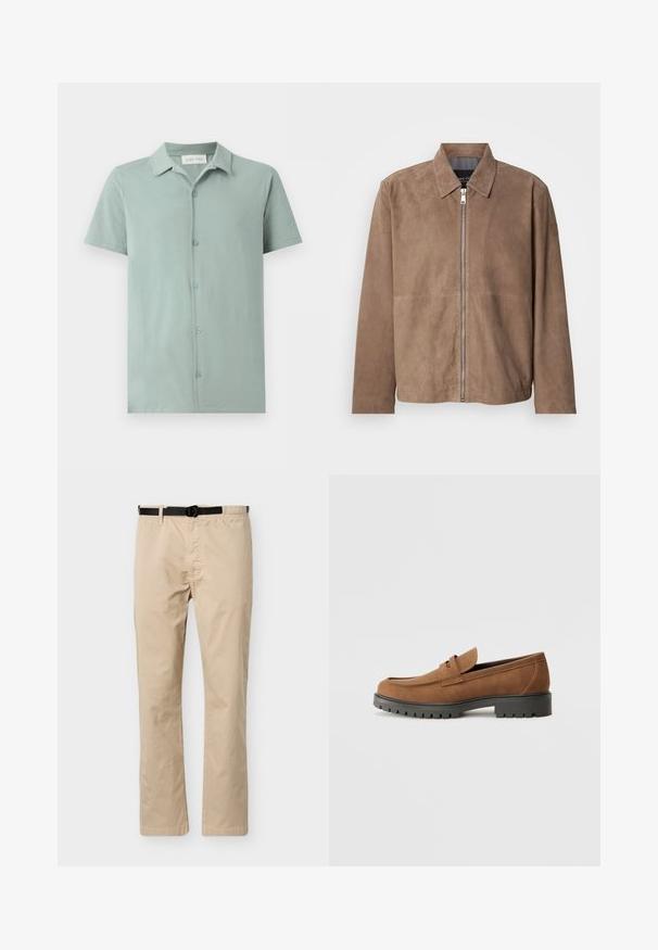 Veste en daim marron avec col, fermeture zippée à l'avant et manches longues. Le tissu a une texture lisse et présente peu de coutures.; Chemise vert clair à manches courtes avec col, cinq boutons sur le devant, et une étiquette Pier One à l’intérieur du col.; Pantalon beige à jambes droites avec ceinture noire ajustable, taille élastique d'un côté et couture décorative à l'avant.; Mocassins en daim marron avec un bout arrondi et une semelle noire en caoutchouc basse, présentant une sangle décorative et des détails de couture sur le dessus.