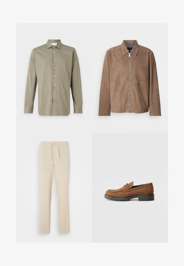 Veste en daim marron avec col, fermeture zippée à l'avant et manches longues. Le tissu a une texture lisse et présente peu de coutures.; Chemise à manches longues en olive. Devant à boutons avec des boutons de couleur claire. Texture douce et coupe ajustée avec un col classique.; Pantalons beiges à taille élastique avec cordon de serrage. Comprend des jambes droites et une texture lisse, adaptés pour un usage décontracté ou pour se détendre.; Mocassins en daim marron avec un bout arrondi et une semelle noire en caoutchouc basse, présentant une sangle décorative et des détails de couture sur le dessus.